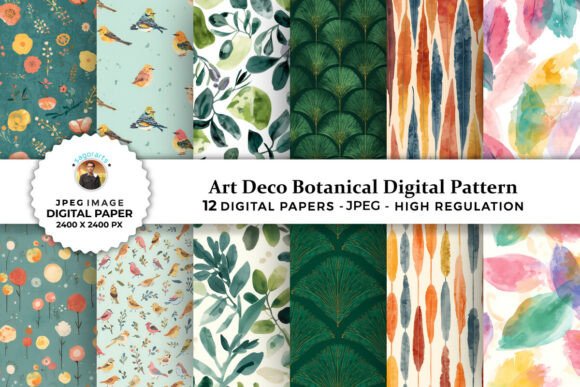 Art Deco Botanical Digital Patterns for Creative Projects
