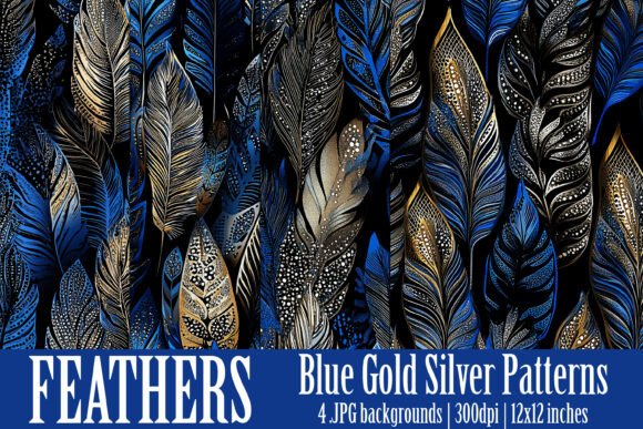 Blue Gold Silver Feathers Patterns, S2: A Versatile Design Resource for Creators