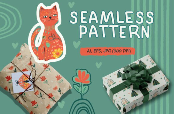 Folk Cat Floral Seamless Patterns