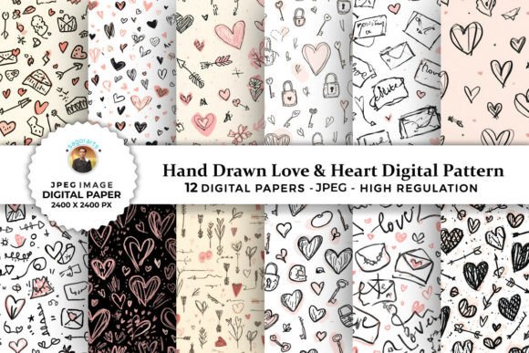Hand Drawn Love Heart Digital Patterns for Creative Expression