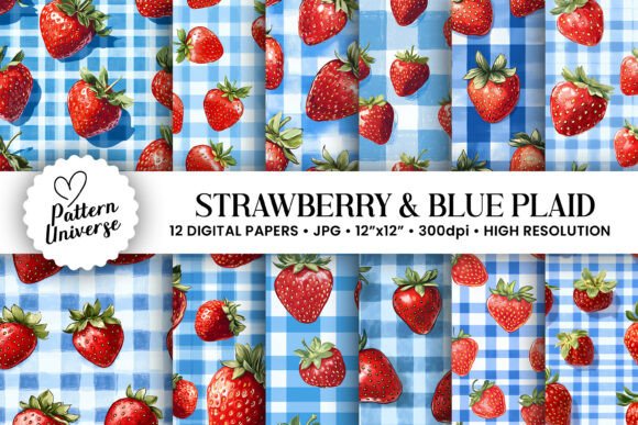 Red Strawberry and Blue Plaid Patterns: A Versatile Digital Design Collection