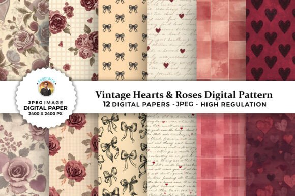 Vintage Hearts Roses Digital Patterns for Creative Projects