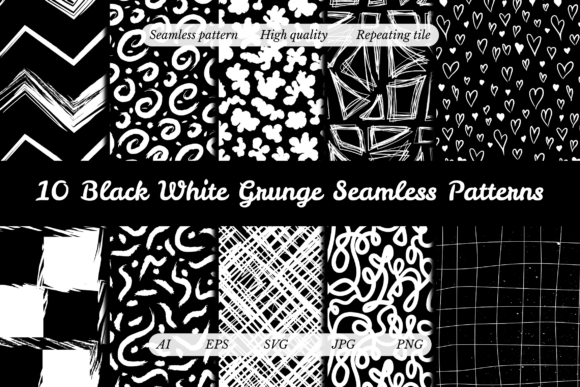 White Black Grunge Seamless Patterns